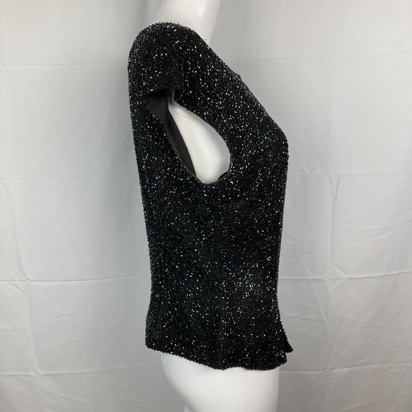 Laurence Kazar Shirt Women M Short Sleeve Evening Top Black Silk Beaded Zip Back - Picture 3 of 9
